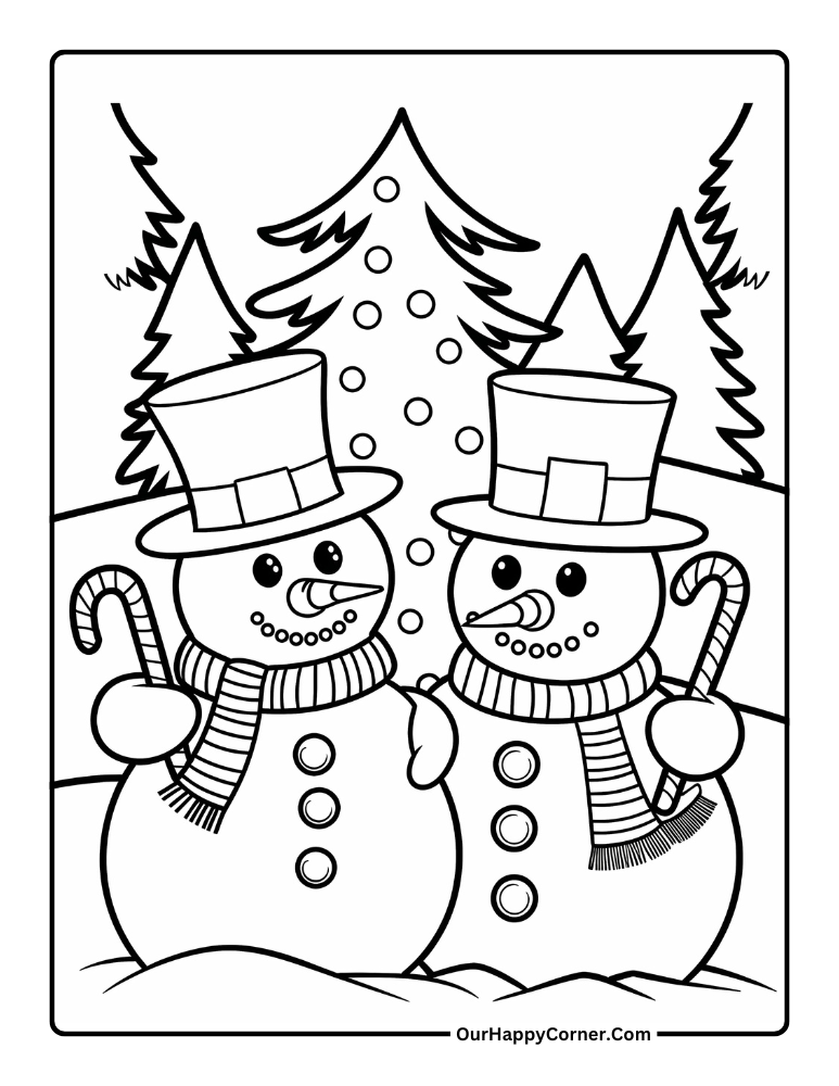 Two snowmen holding candy canes.