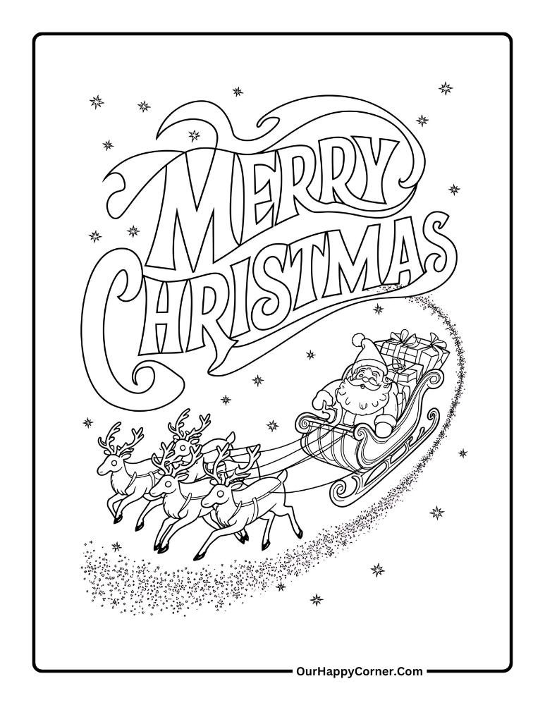 Christmas coloring pages of 30. Santa's Sleigh Flying Overhead
Commentary:
Santa and his reindeer are soaring through the night sky, delivering gifts to children everywhere. A magical page for kids to color and capture the joy of Christmas Eve.