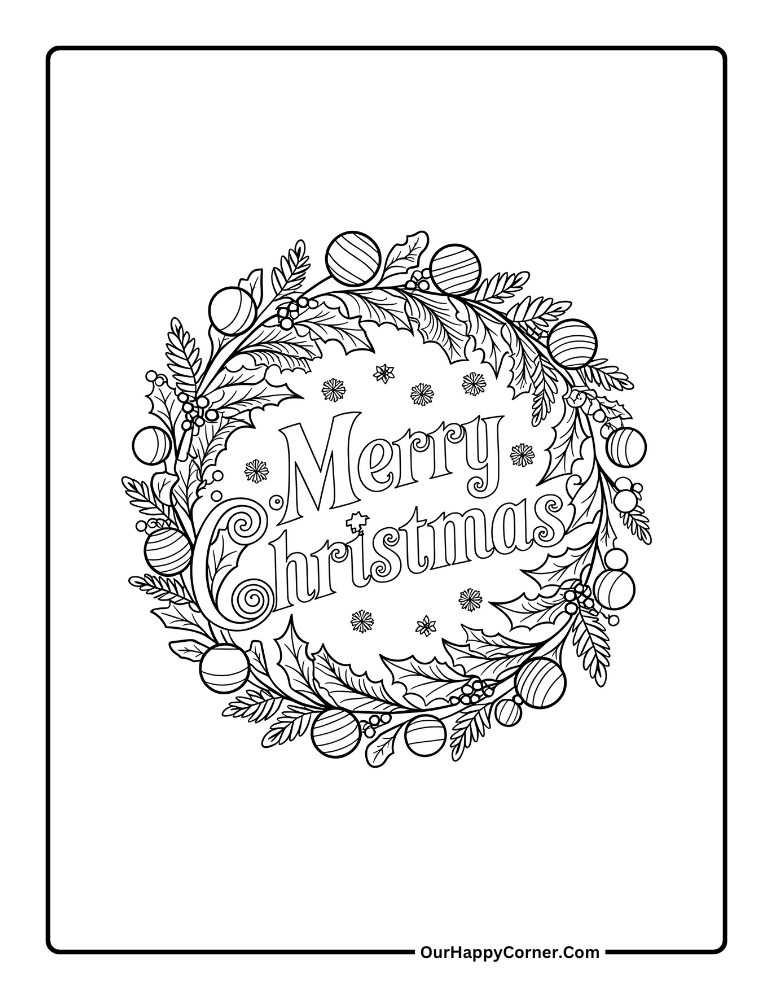 Christmas wreath with ornaments and Merry Christmas text.