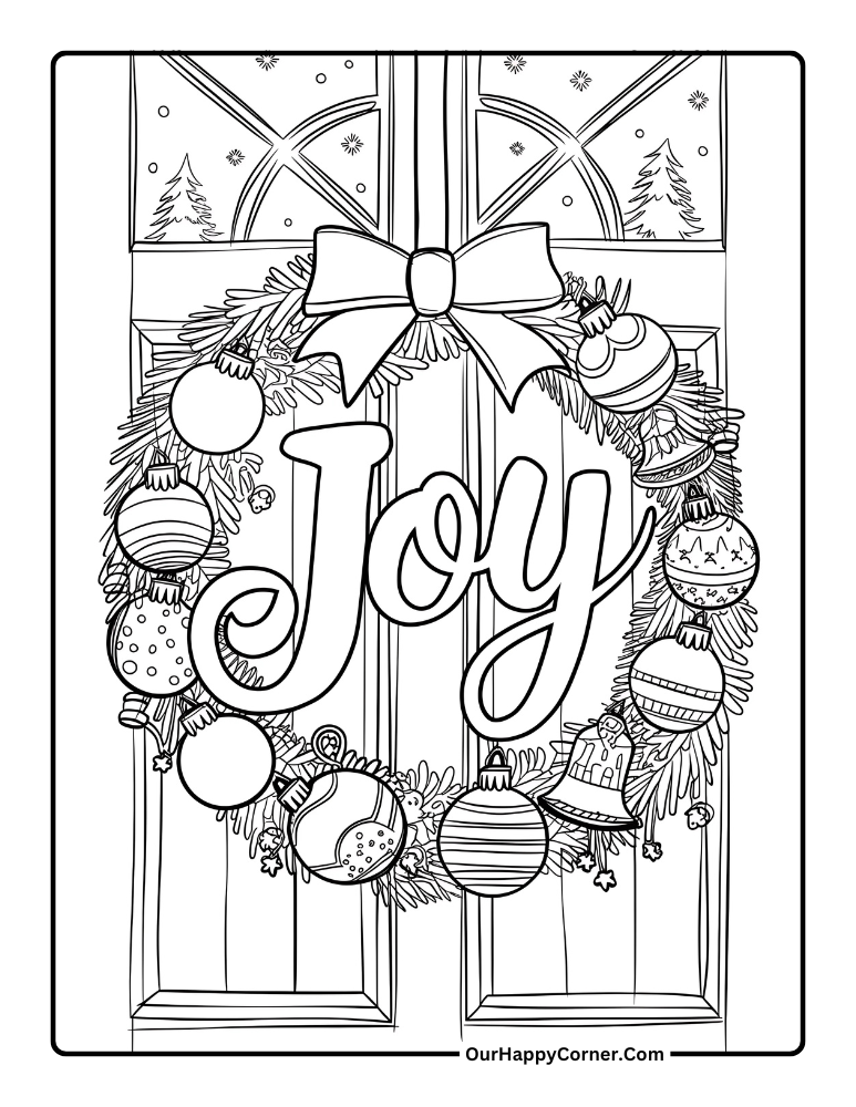 Christmas coloring pages of wreath with Joy text on a door.