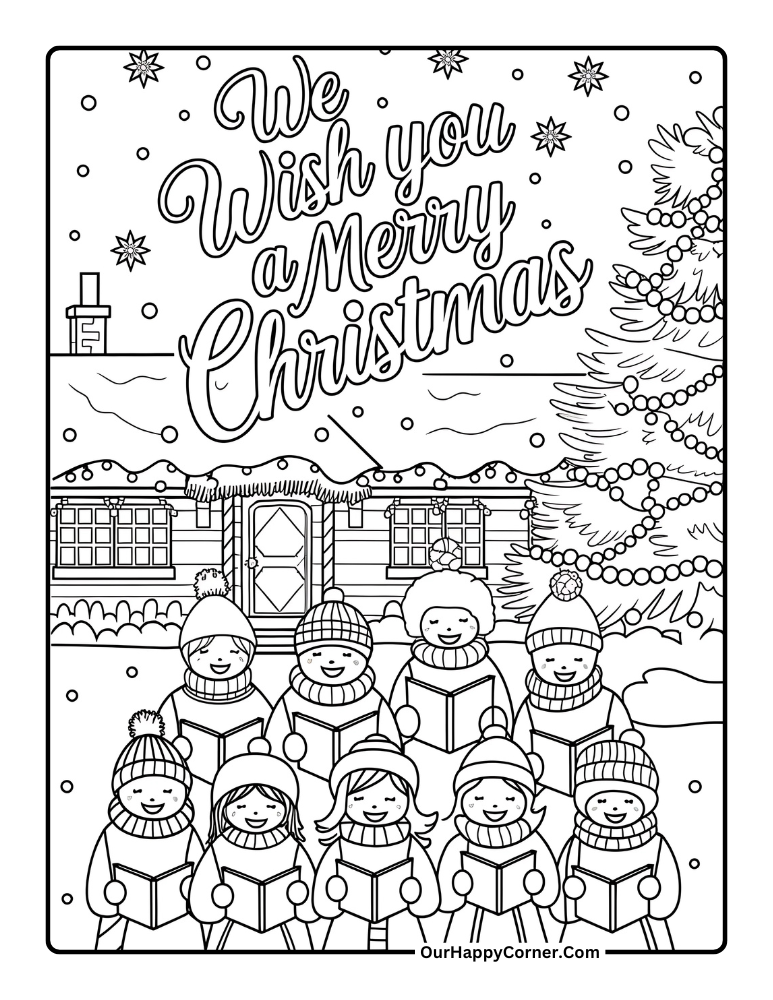 Christmas coloring pages of Carolers singing outside a decorated cabin.