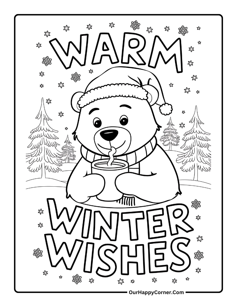 Bear drinking hot chocolate with winter text.