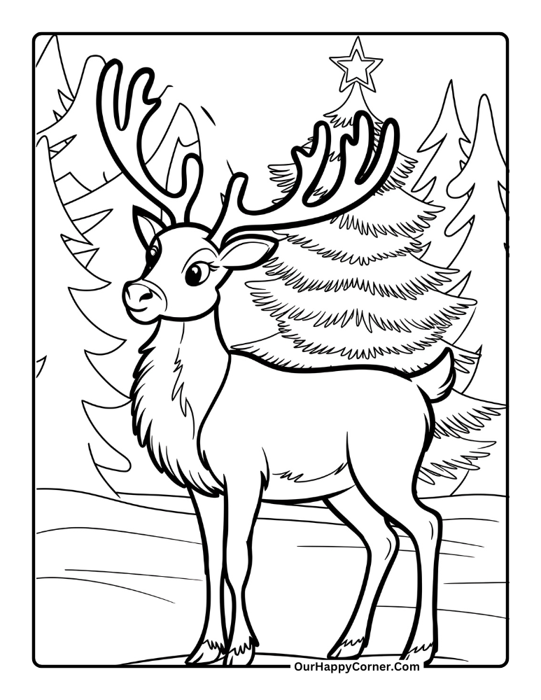 Christmas coloring pages of reindeer standing near a Christmas tree.