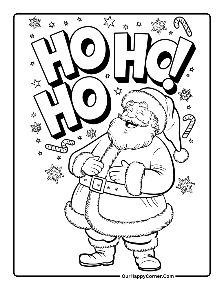 Christmas coloring pages of Laughing Santa with Ho Ho Ho text.