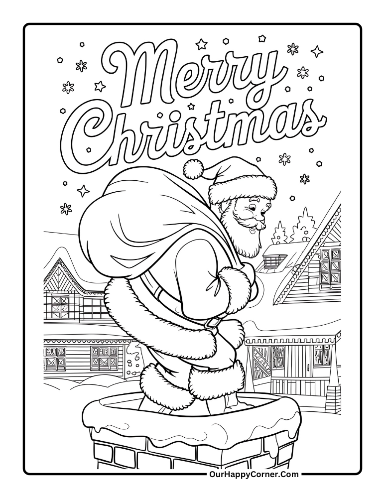 Christmas coloring pages of Santa going down a chimney with presents.