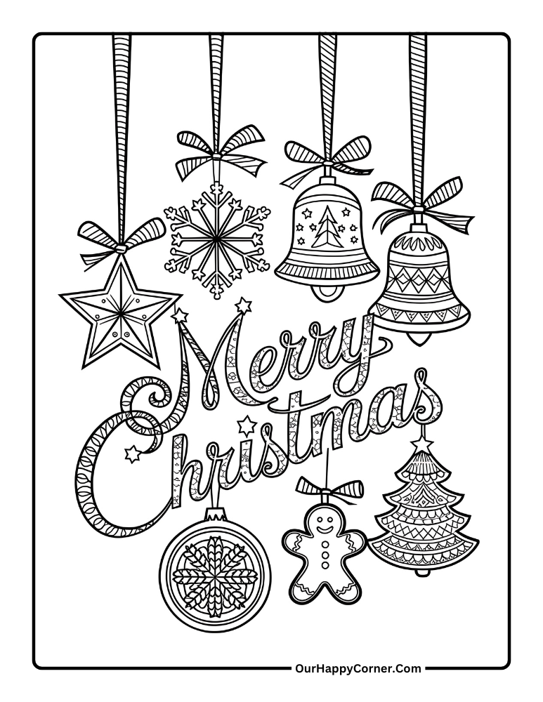 Christmas coloring pages of Christmas ornaments with Merry Christmas text.