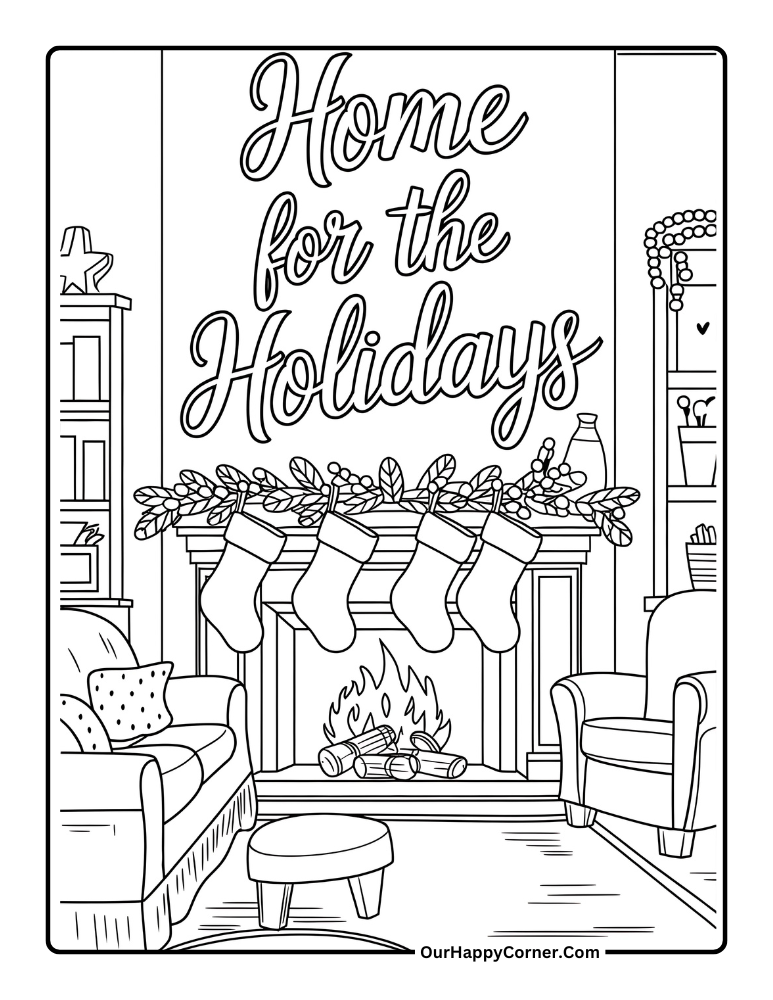 Fireplace with stockings and decorations.