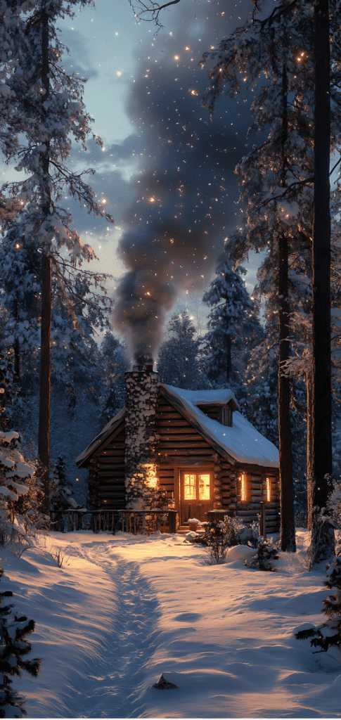 Log cabin with glowing windows in snowy forest