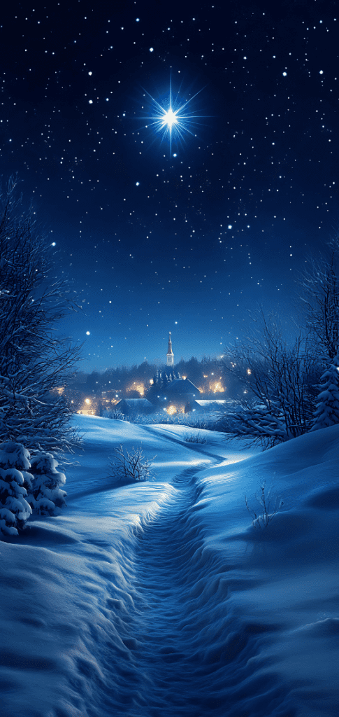 Snowy village under a starry night sky
