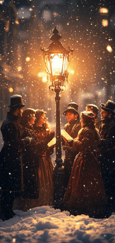 Victorian carolers singing under a lamppost