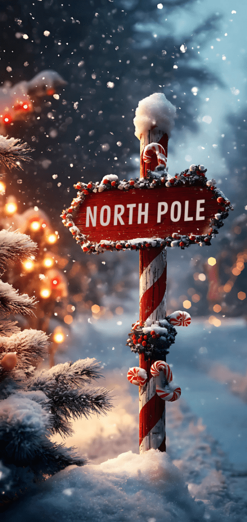 North Pole signpost with candy cane decorations