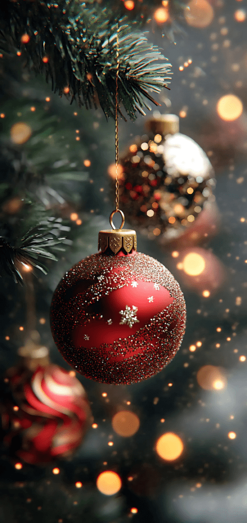 Red and gold Christmas wallpapers with ornaments on pine branches