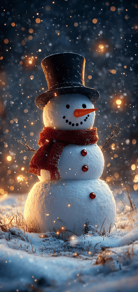 Christmas wallpapers snowman with red scarf and glowing buttons