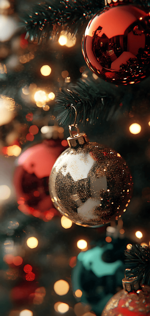 Red and gold Christmas ornaments on tree

