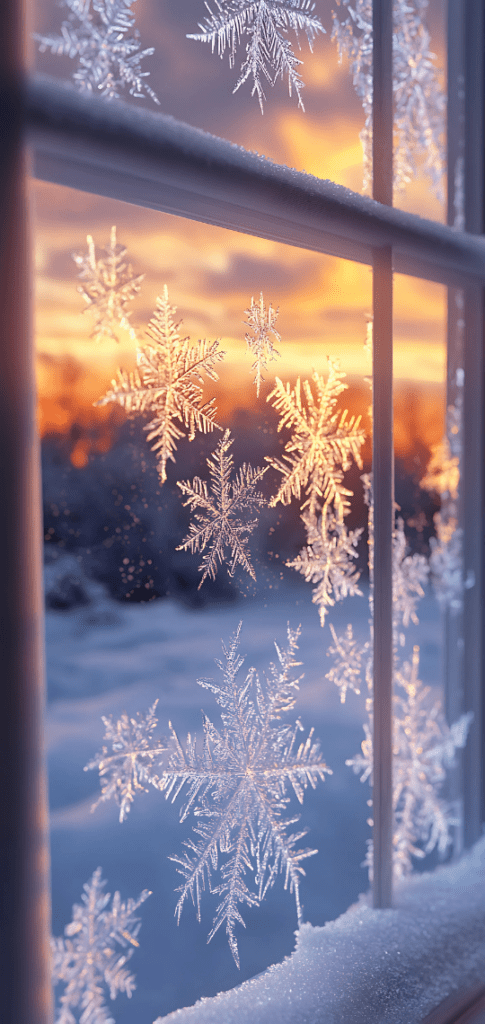 Snowflakes on window at sunset

