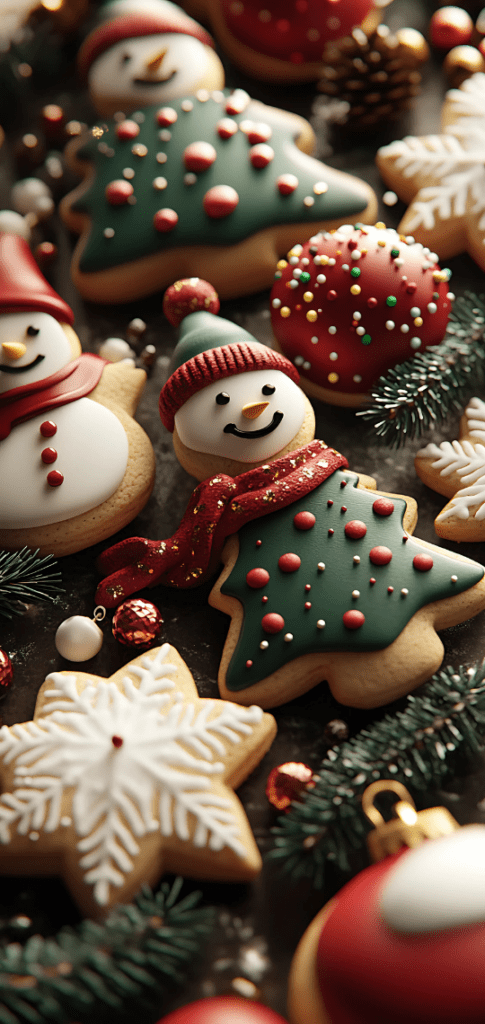 Christmas cookies with snowmen and tree designs