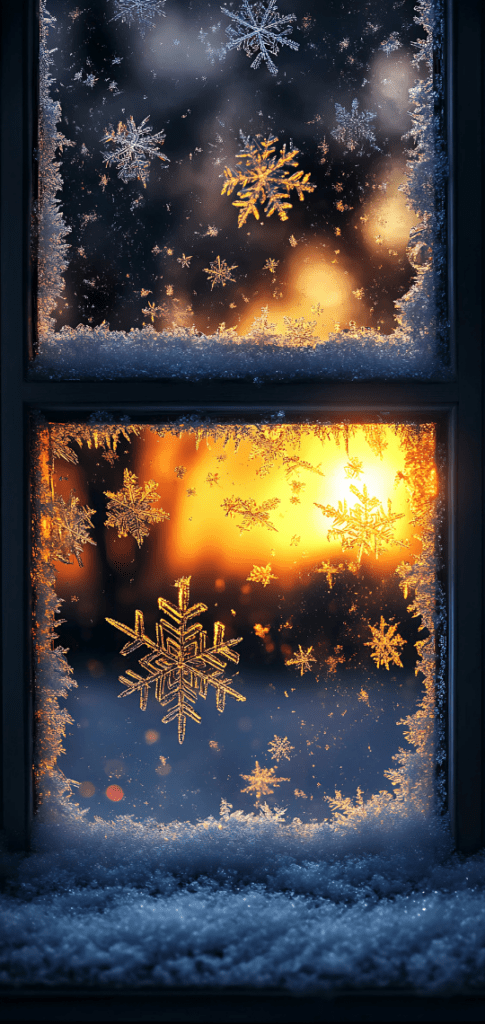 Golden light through frosted window with snowflakes

