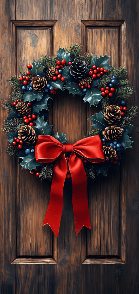 Holiday wreath with pinecones and red bow on wooden door

