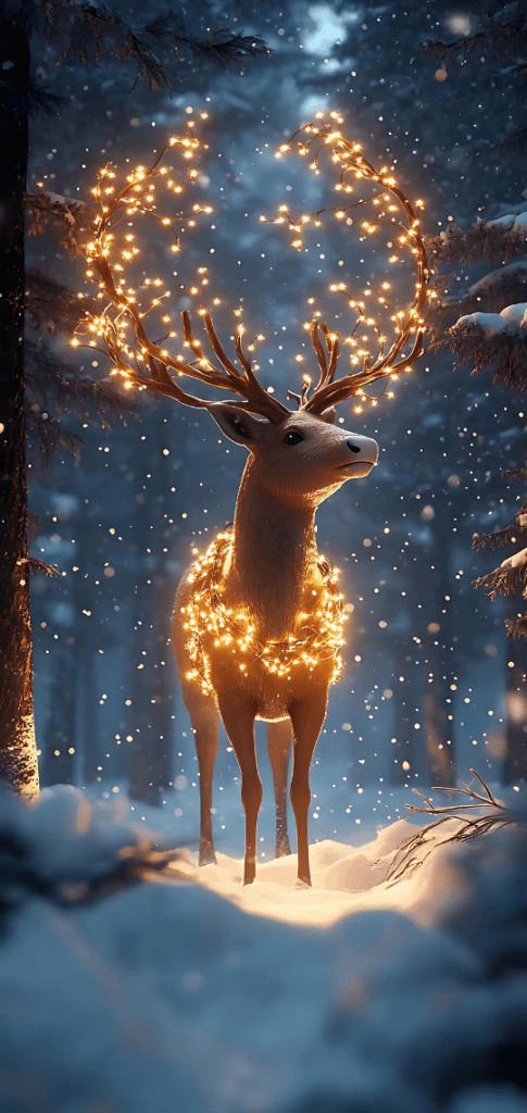 Christmas wallpapers of reindeer with glowing antlers in snowy forest

