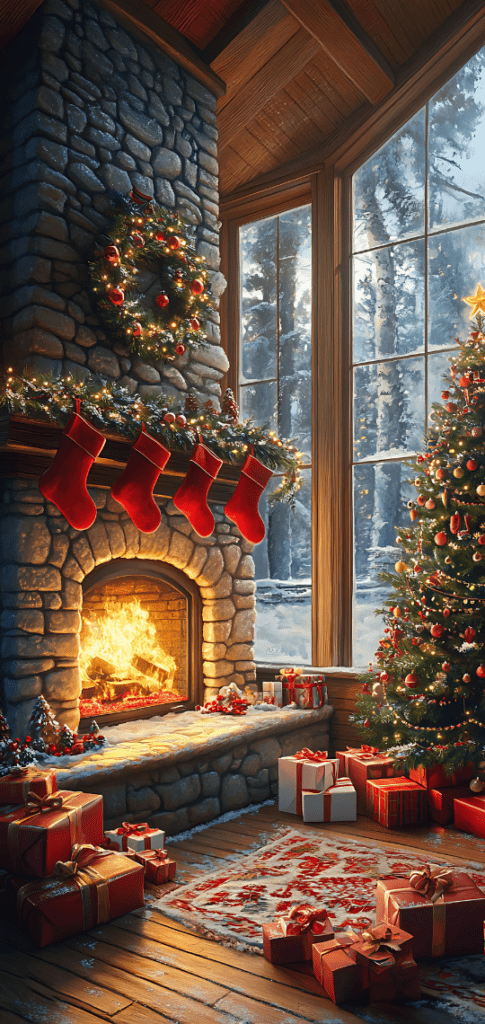 Cozy fireplace with Christmas tree and stockings

