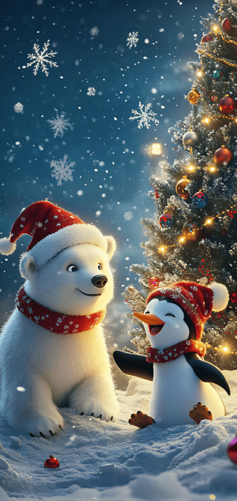 Christmas wallpapers polar bear and penguin with Santa hats by Christmas tree

