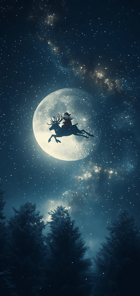 Santa flying with reindeer across the moon

