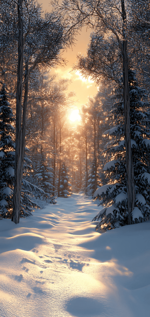 Christmas forest with sunlight through snow

