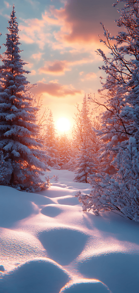 Snowy Christmas trees at sunset

