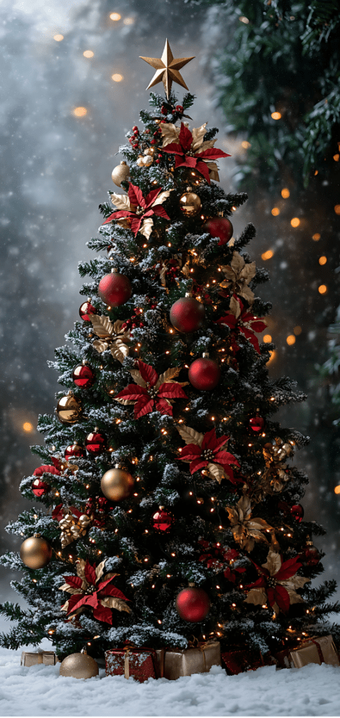 Christmas tree with red and gold decorations

