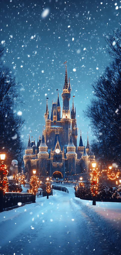 Christmas castle with festive lights and snow

