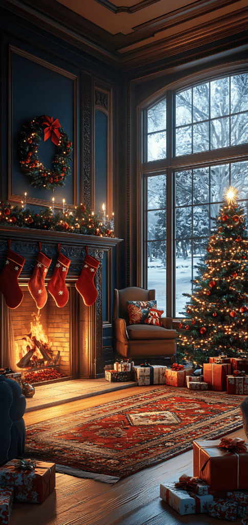 Christmas living room with tree and fireplace

