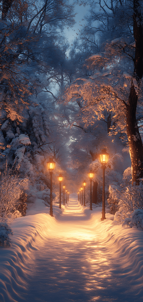 Winter path with glowing lanterns

