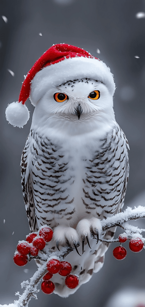 Snowy owl wearing a Santa hat

