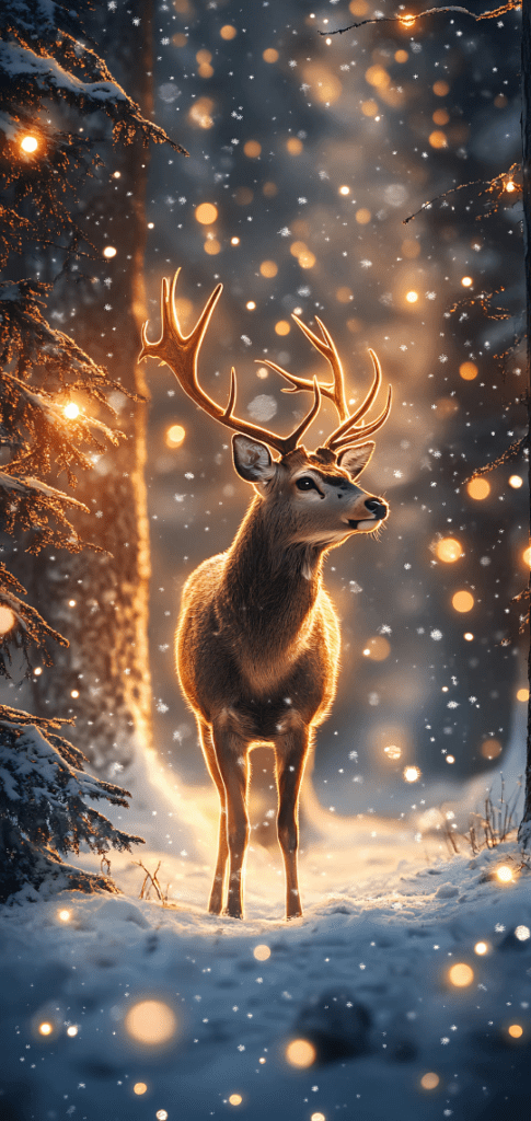 Christmas wallpapers of glowing reindeer in a snowy forest

