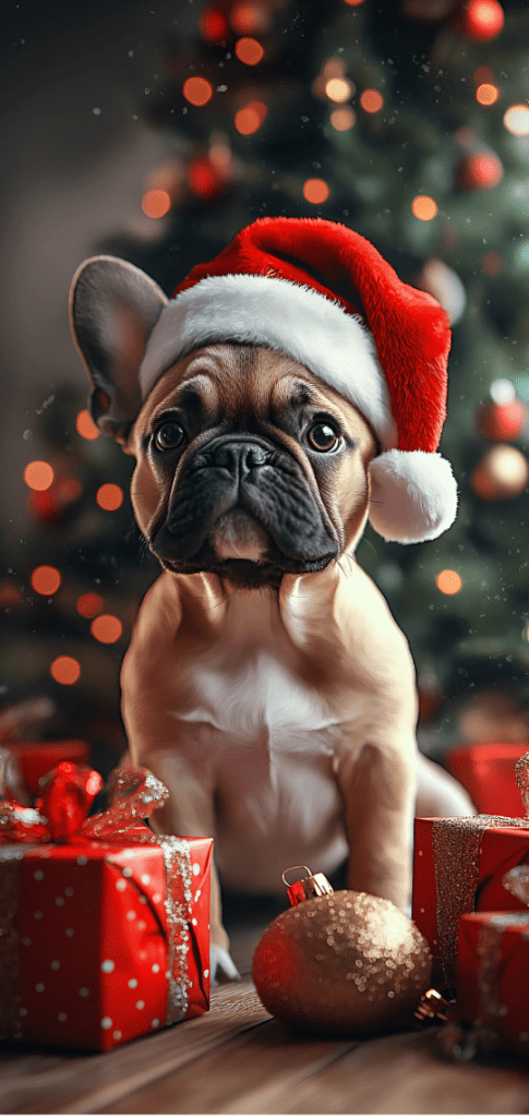 Dog wearing Santa hat with Christmas gifts