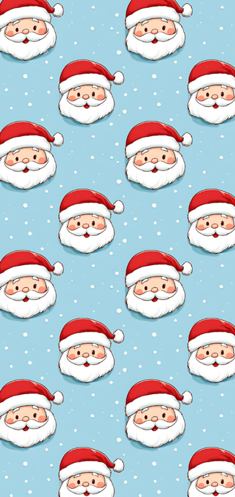 Pattern of Santa faces on a blue background

