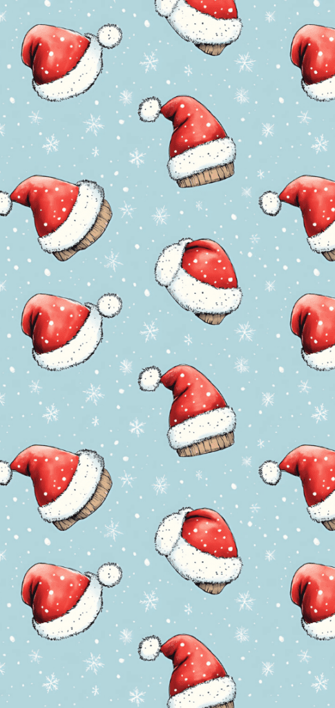 Santa hats pattern on a snowy blue background

