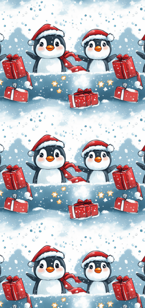 Penguins in Santa hats with Christmas presents

