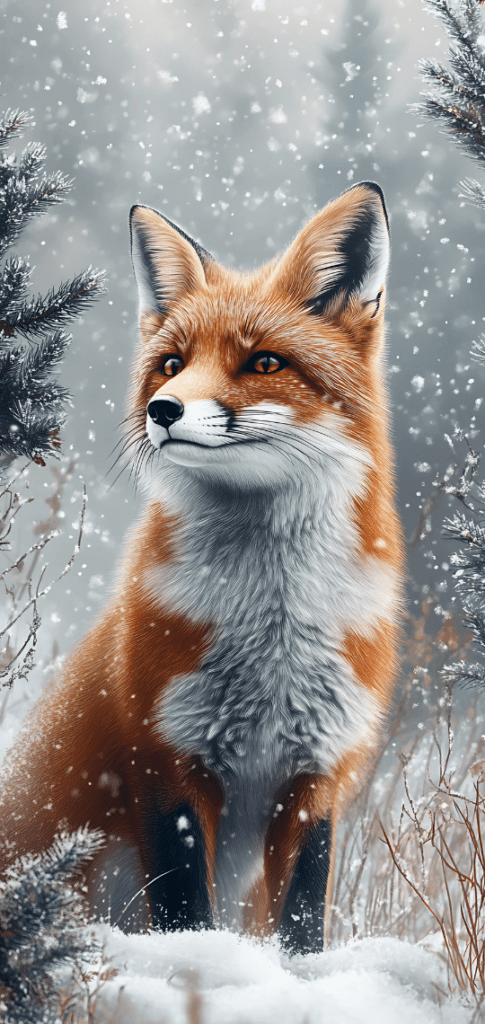 Fox in snowy winter forest