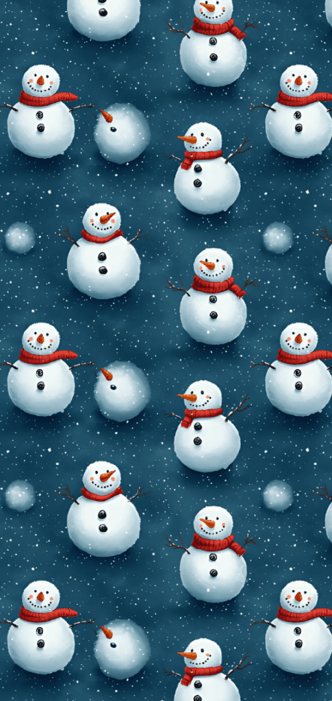 Snowmen with red scarves on a snowy background

