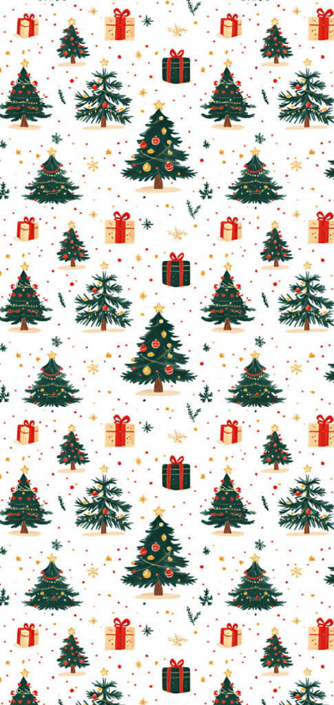 Pattern of Christmas trees and gifts