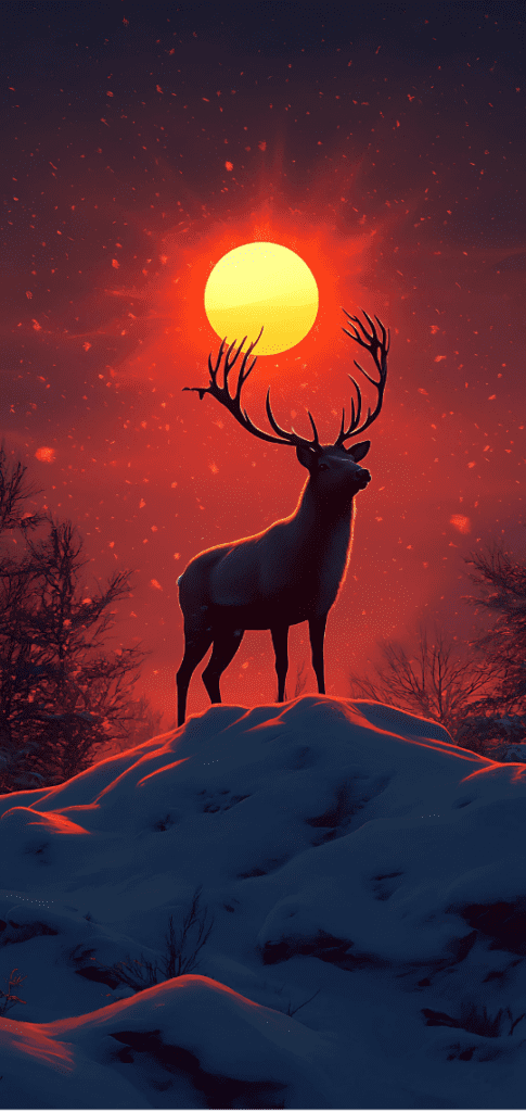 Stag on snowy hill at sunset