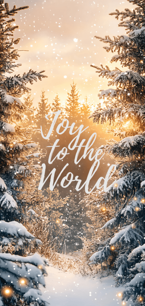 Snowy forest with sunlight and text.