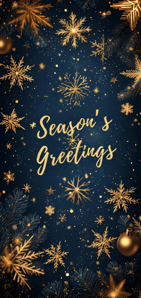 Season's Greetings with gold stars and snowflakes Christmas wallpaper