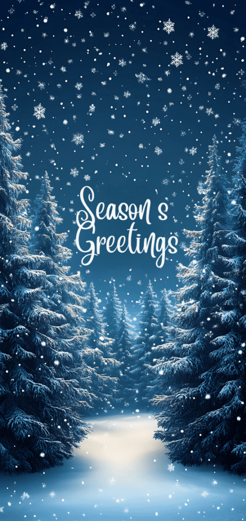 Season's Greetings with snowy pine trees