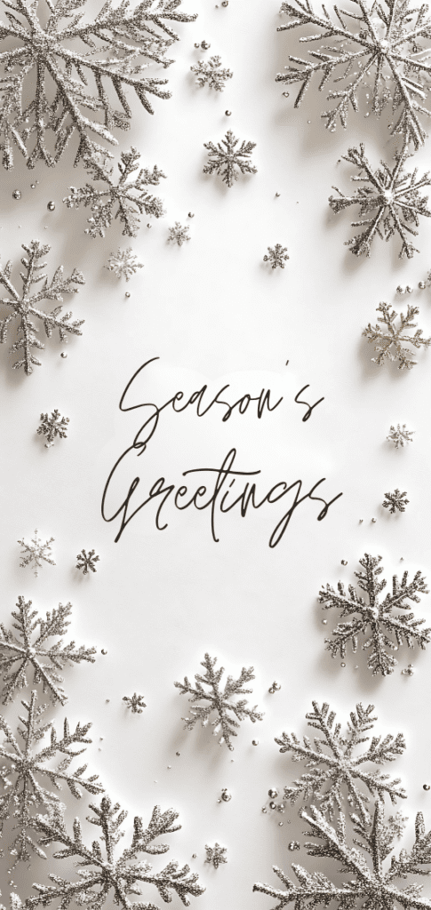 Season's Greetings with silver snowflakes Christmas wallpaper