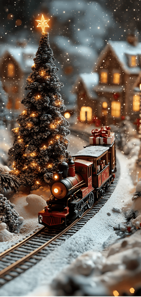 Christmas train in snow-covered village