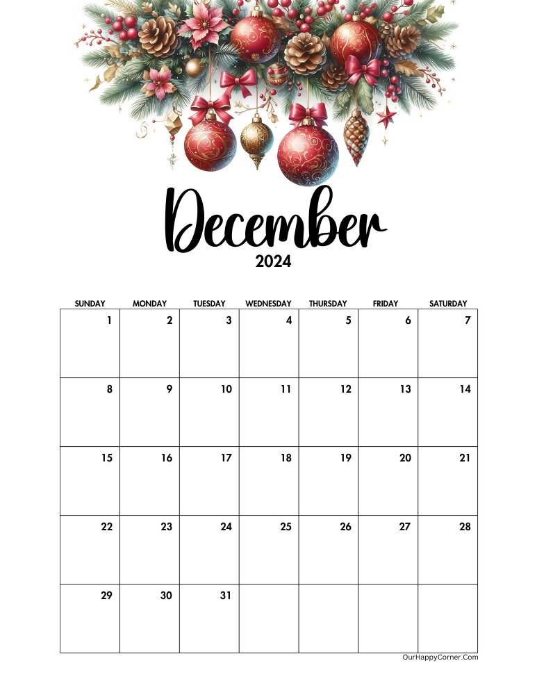 Calendar decorated with Christmas ornaments