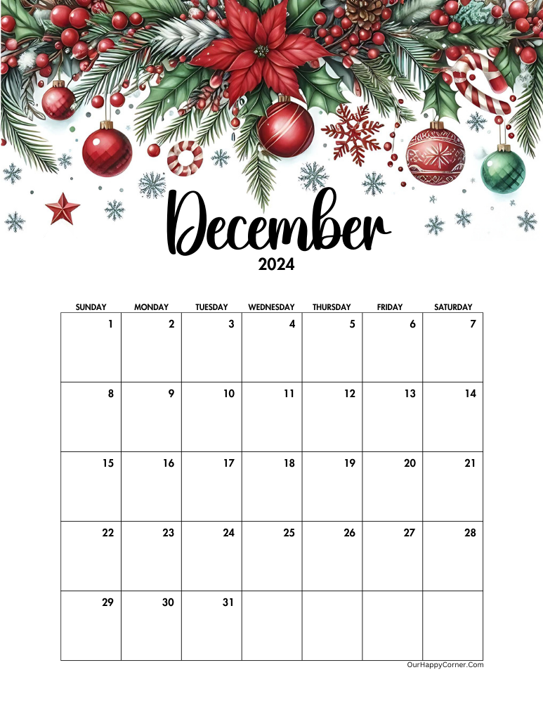 Calendar decorated with Christmas ornaments