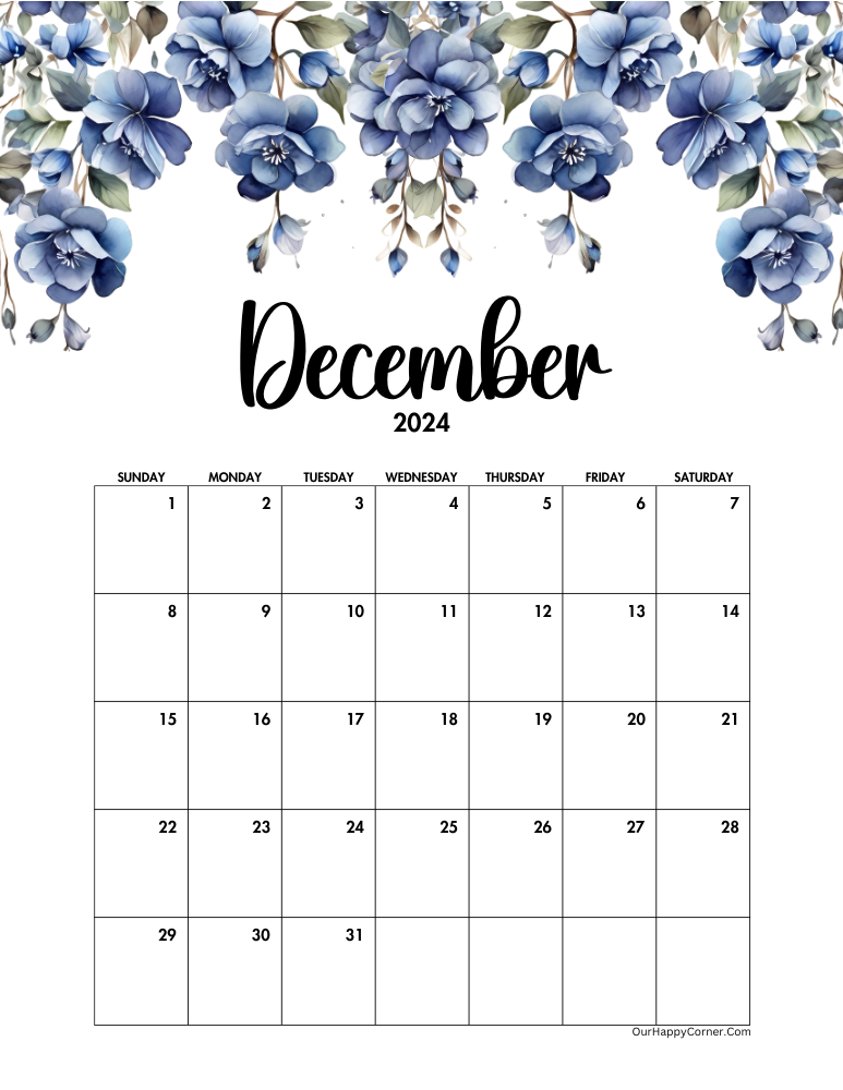 Blue floral December Calendar 2024 